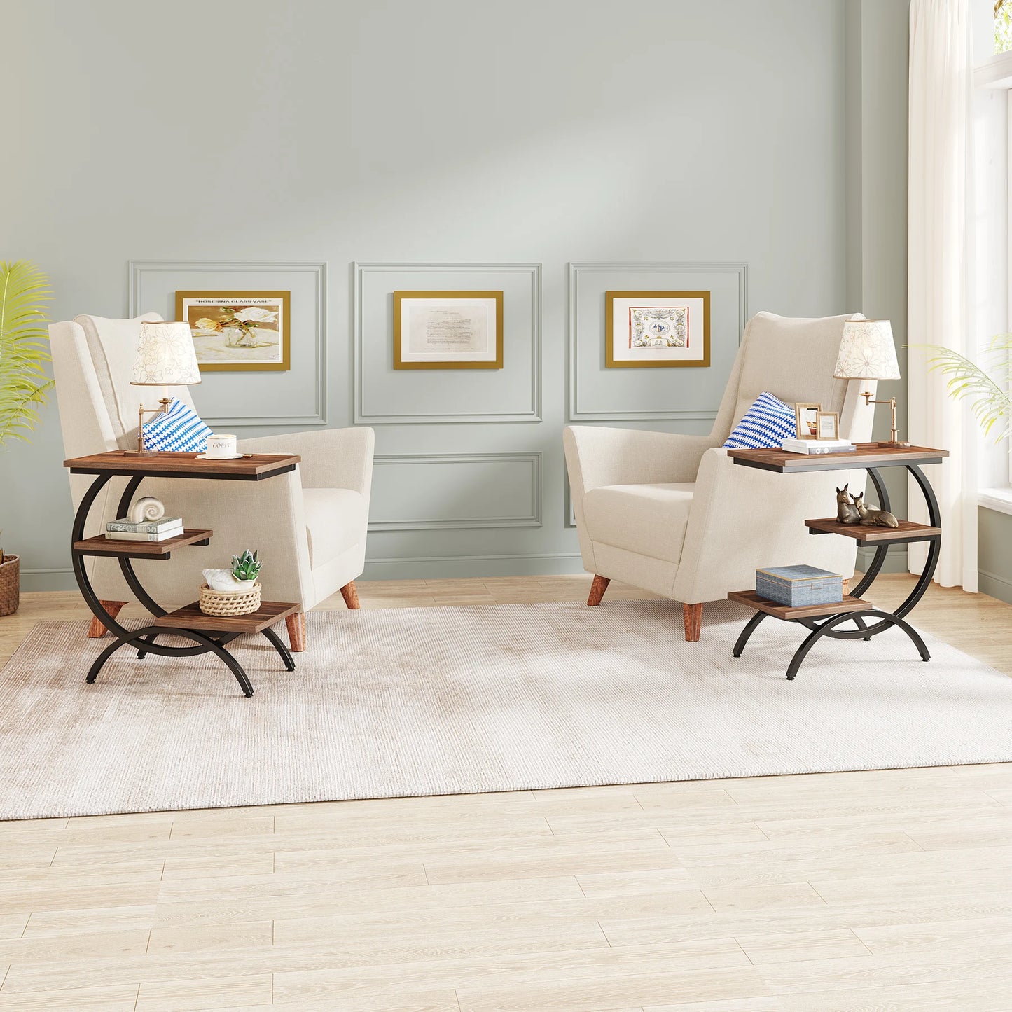 C-Shaped End Table, 3-Tier Small Table for Couch