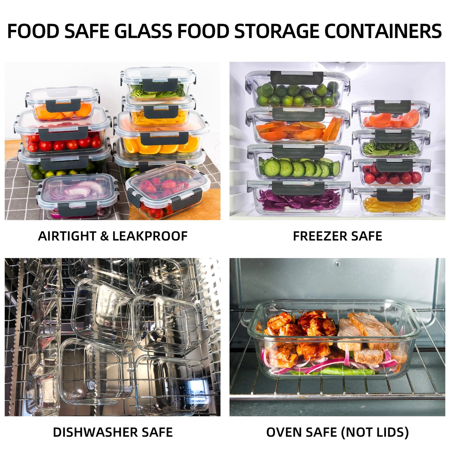 8-Piece Glass Food Storage Containers Set, BPA-Free, Leakproof, Microwave & Oven Safe, 6 Sizes, Glass Lock Lid