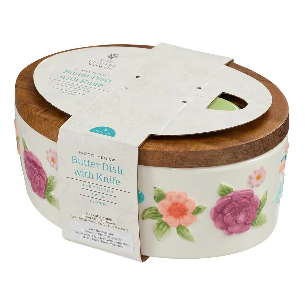 Painted Meadow Butter Dish Set – Floral Embossed Stoneware with Acacia Wood Lid & Metal Knife