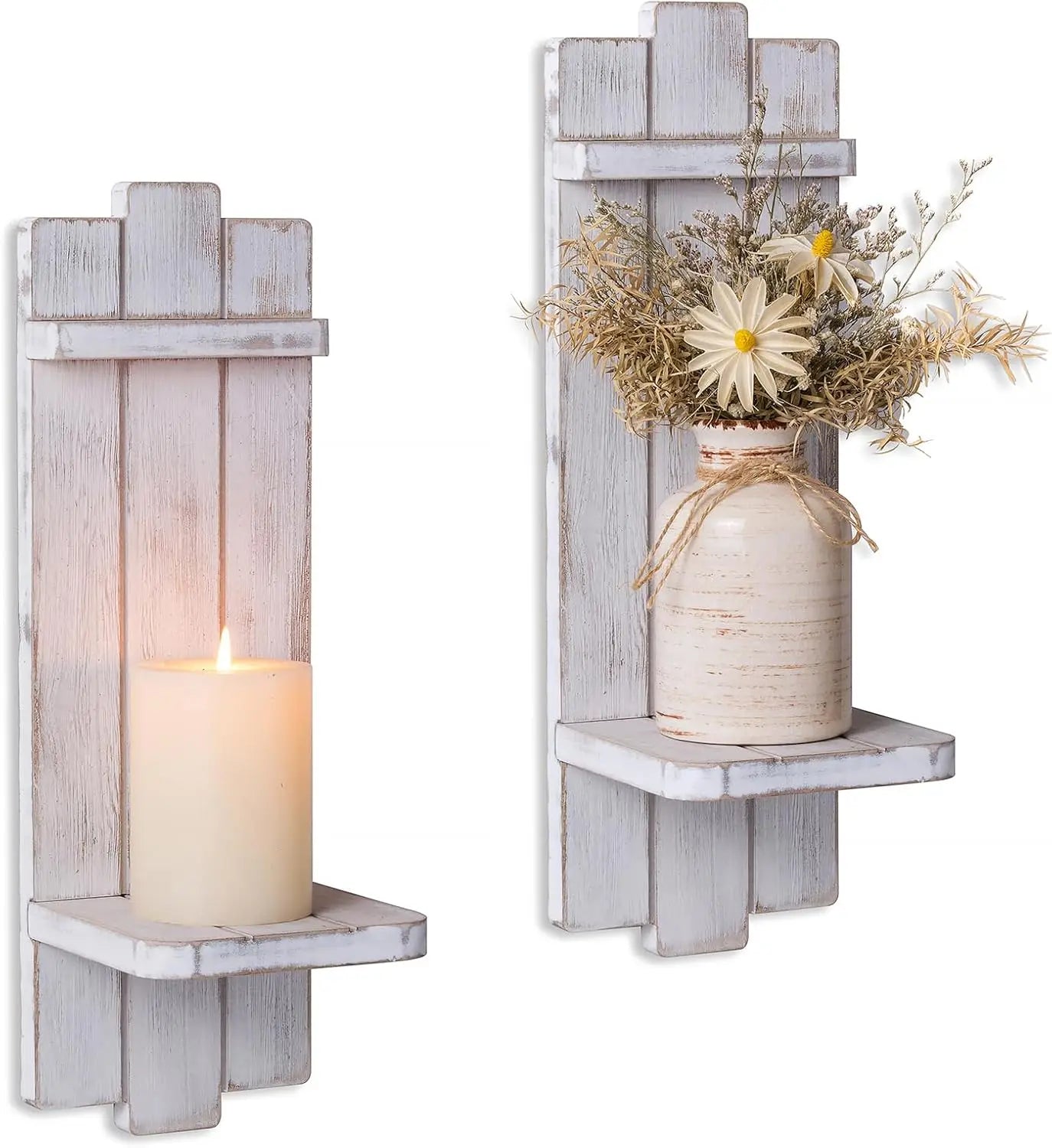 Rustic Wooden Hanging Wall Candle Holder - Set of Two