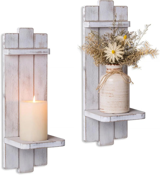 Rustic Wooden Hanging Wall Candle Holder - Set of Two