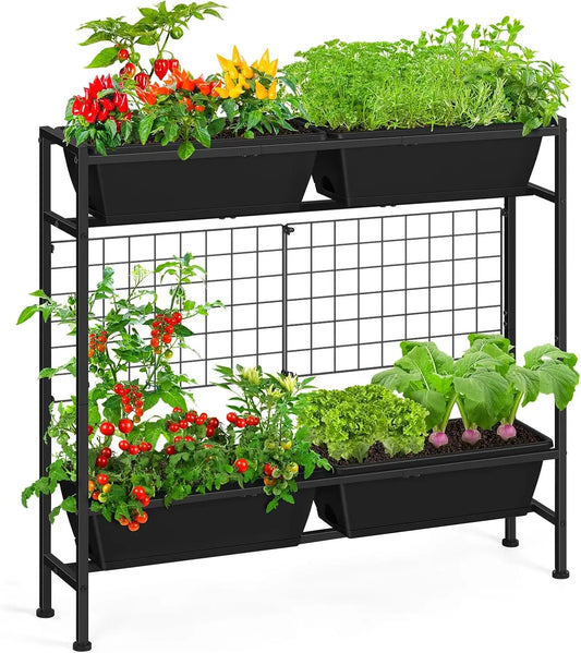 32" Tall Elevated Garden Bed with Trellis & Legs, Standing Planter for Vegetables, Flowers, Herbs - Black