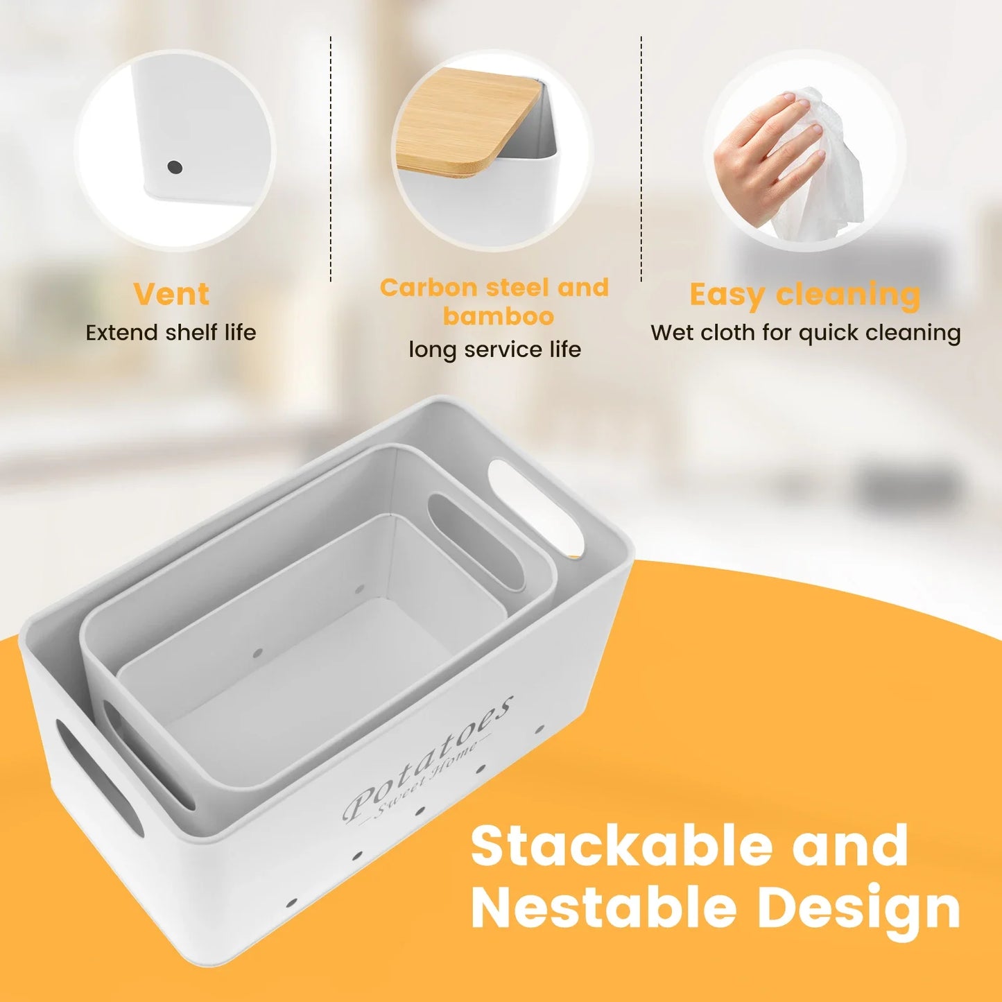 3Pcs Set Onion Garlic Potato Storage Box Carbon Steel with Vent Hole for Vegetables