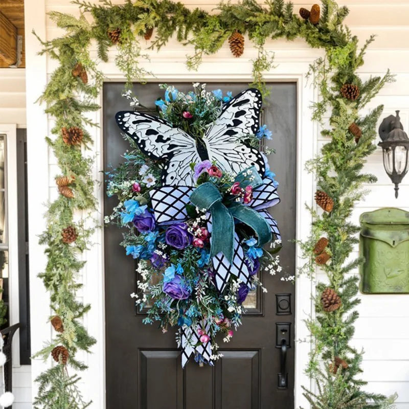 Spring & Summer Rose Butterfly Wreath – Artificial Floral Front Door Decoration