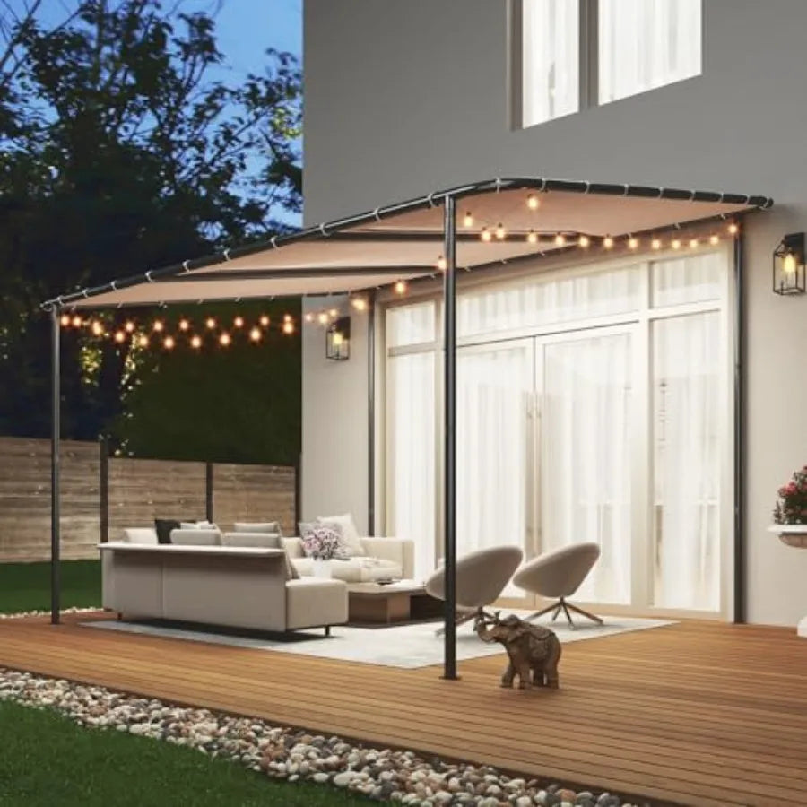 10x12 Lean to Gazebo Outdoor Pergola with Water Resistant UV-Resistant Wall-Mounted Canopy Sloped Roof Awning for Patio or Backyard