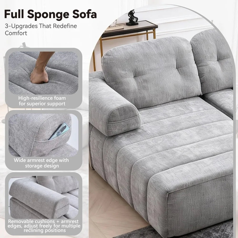 Modular Sectional Sofa with Chaise, L-Shape with Pillows and Side Pockets, 3-Seater
