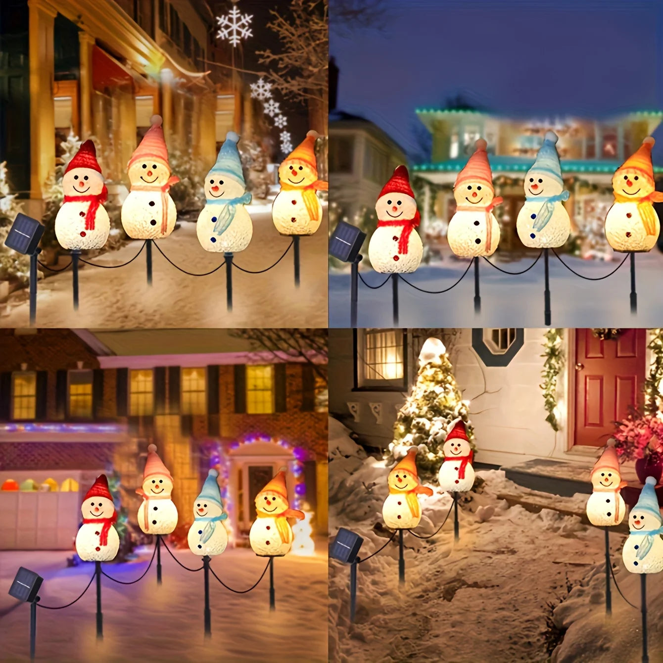 Solar-Powered Snowman LED Lights 4-Piece Set - Christmas Outdoor