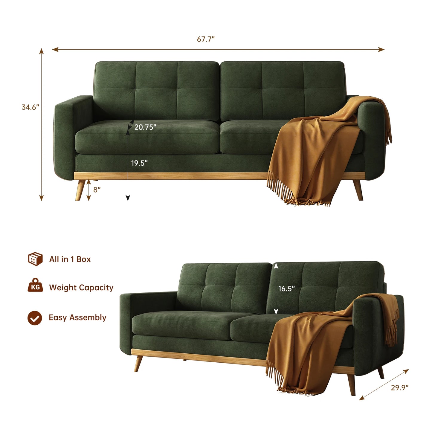67-inch Retro Sofa with Wooden Legs