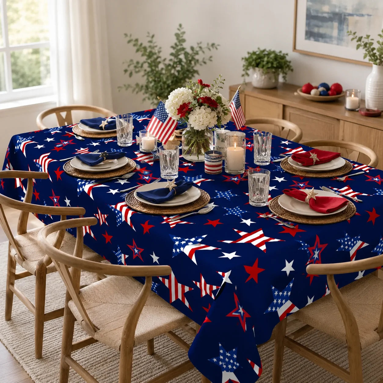 4th of July Patriotic Tablecloth – American Flag Stars Red White & Navy Blue Polyester Table Cover