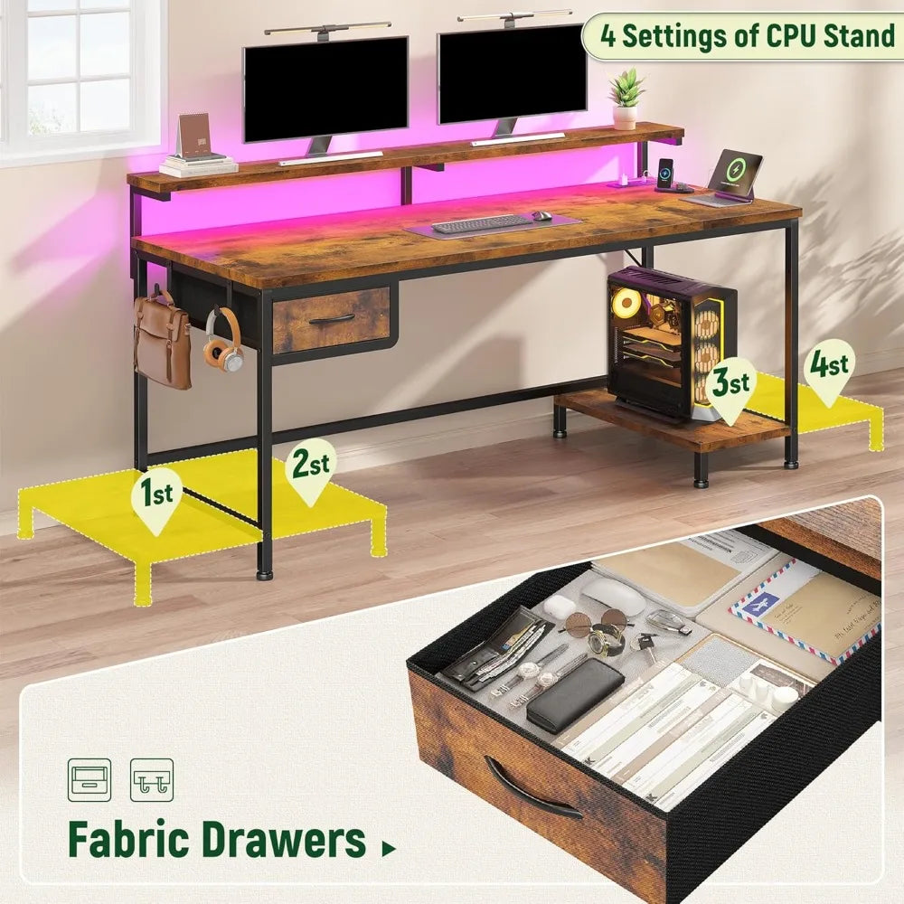 47" Office Desk with Power Outlet & Ergonomic Monitor with CPU Stand & LED Lights