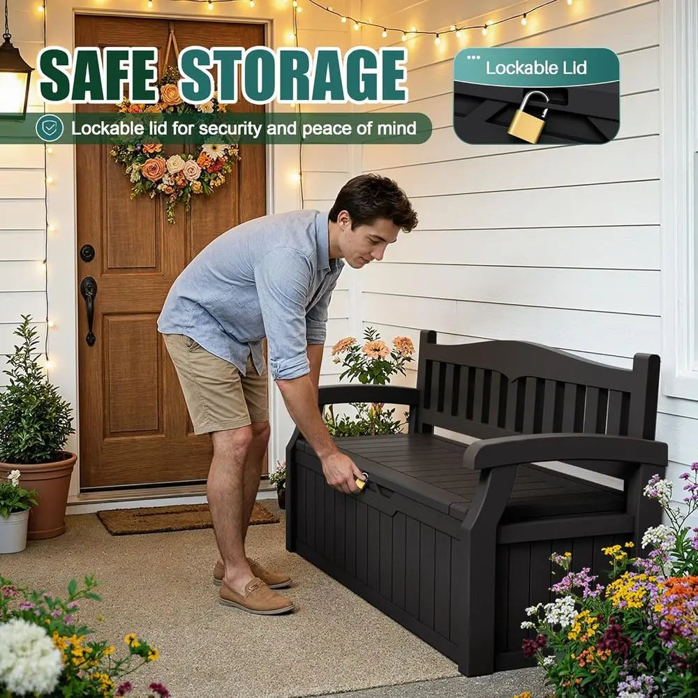 Gallon Storage Bench, Deck Box. Lockable for Patio furniture, Garden Decor and Outdoor Seating or Cushions
