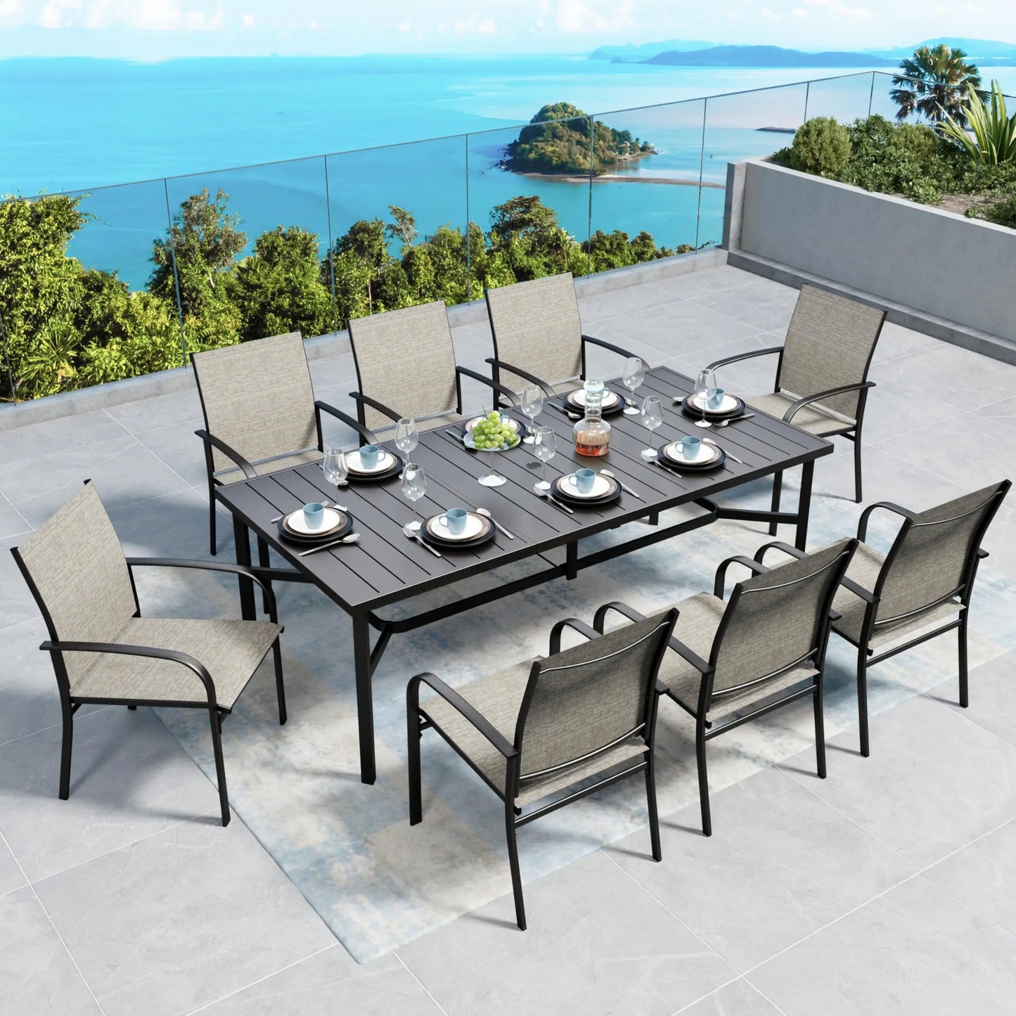 Outdoor Patio Dining Set (5/9/10‑Piece) – Square Table with Umbrella Hole & Metal Brown Chairs