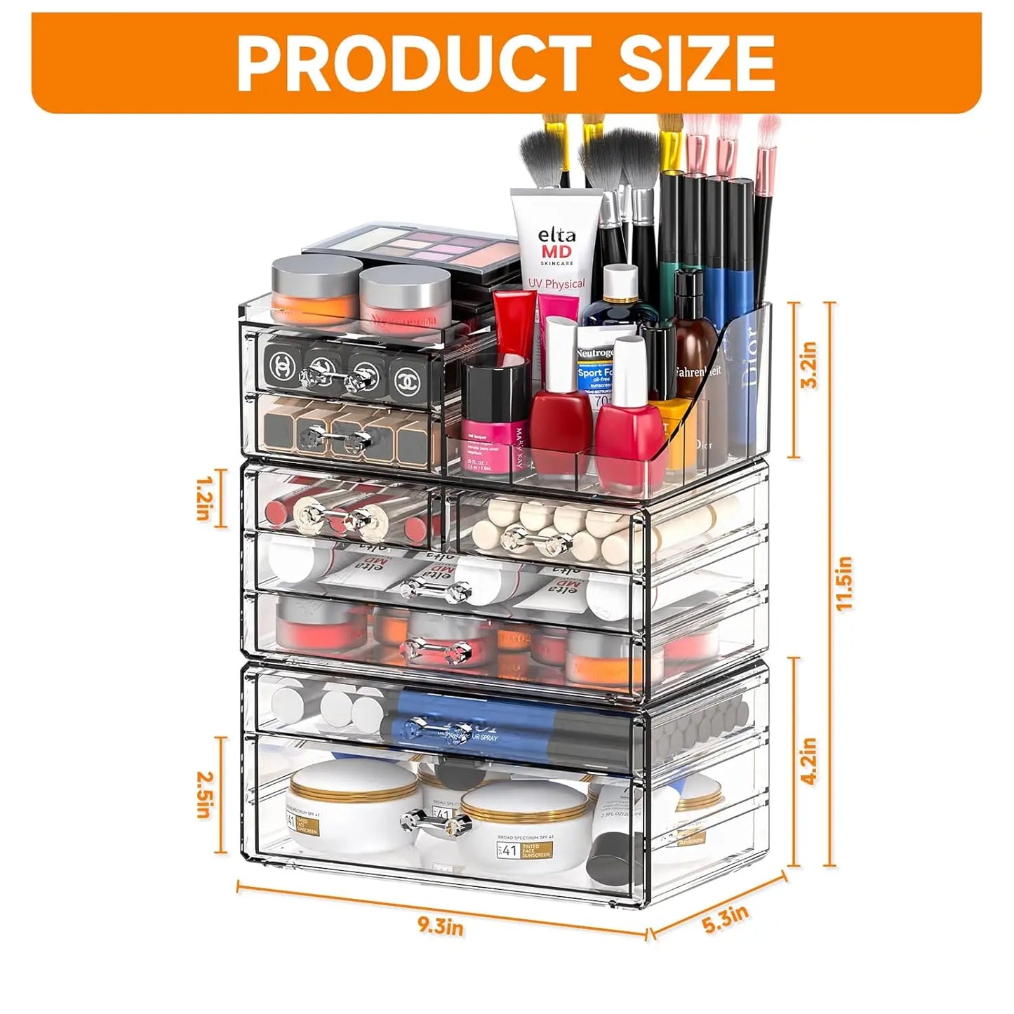 8-Drawer Clear Acrylic Makeup Organizer with Stackable Design