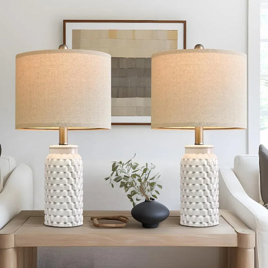 Modern White Ceramic Table Lamps (Set of 2) – 20.5" Bedside Lamps with Linen Shades