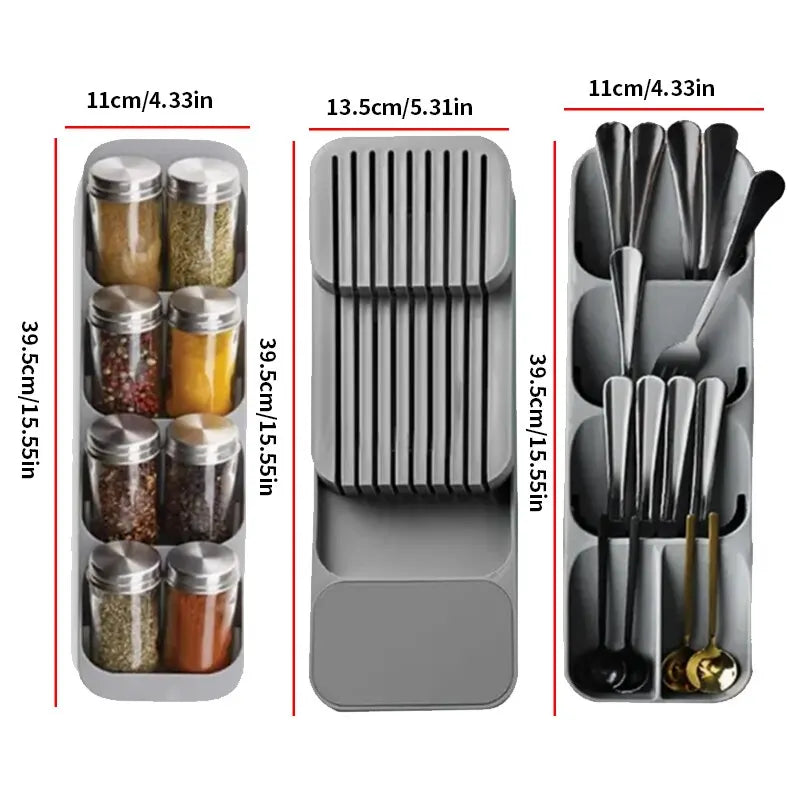 Kitchen Drawer Cutlery Storage Tray Knife Holder Spoon Forks Tableware Organizer Container For Spice Bottles Knives