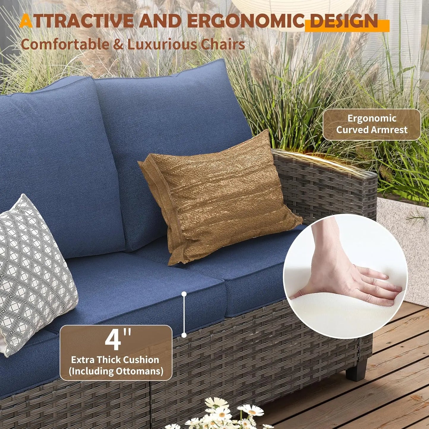 6‑Piece Gray PE Rattan Sectional Sofa Set – Swivel Chair, Side Table & 4" Cushions for Patio/Garden