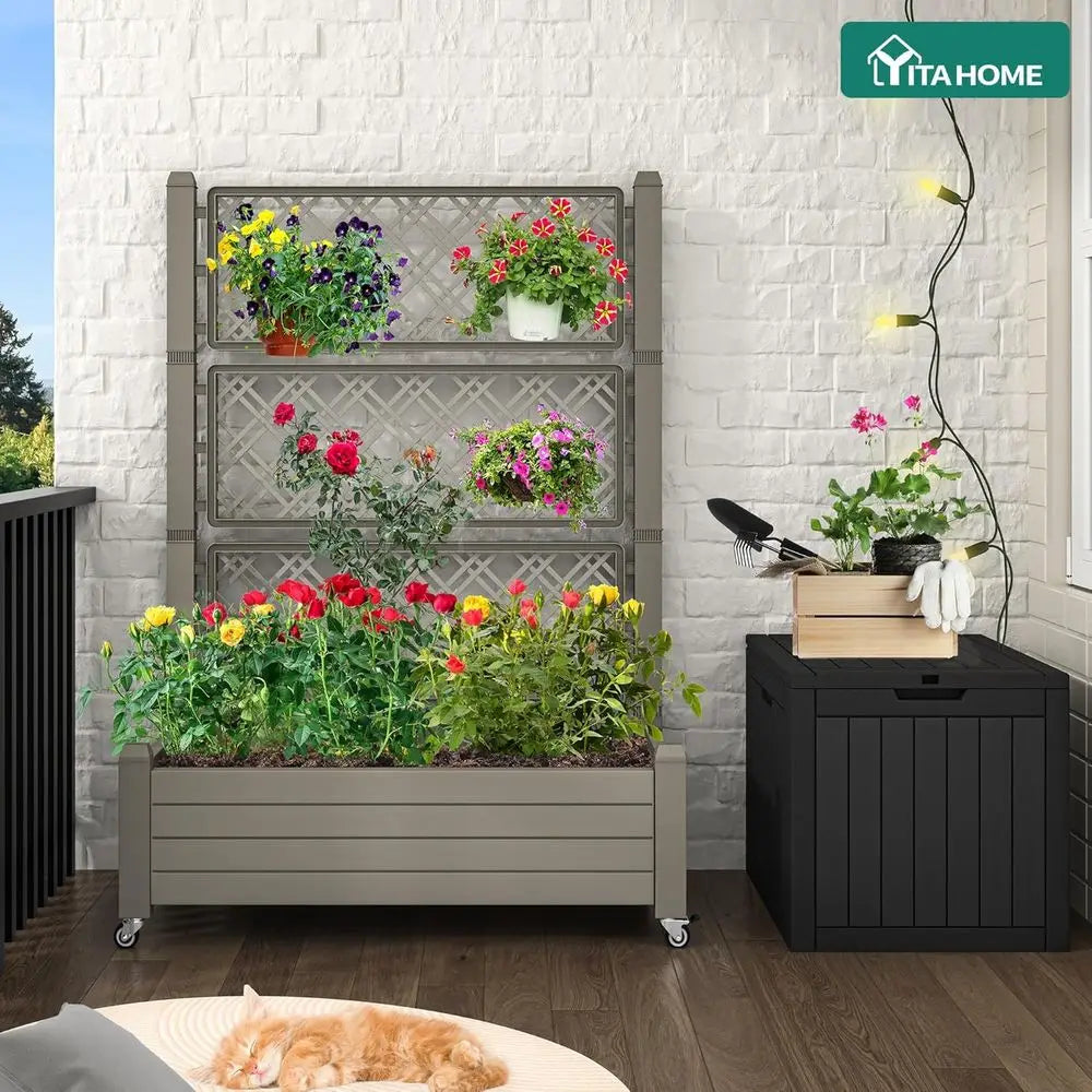 43.3x17.7x61 inch Planter Box with Trellis, Wheels & Drain Plug