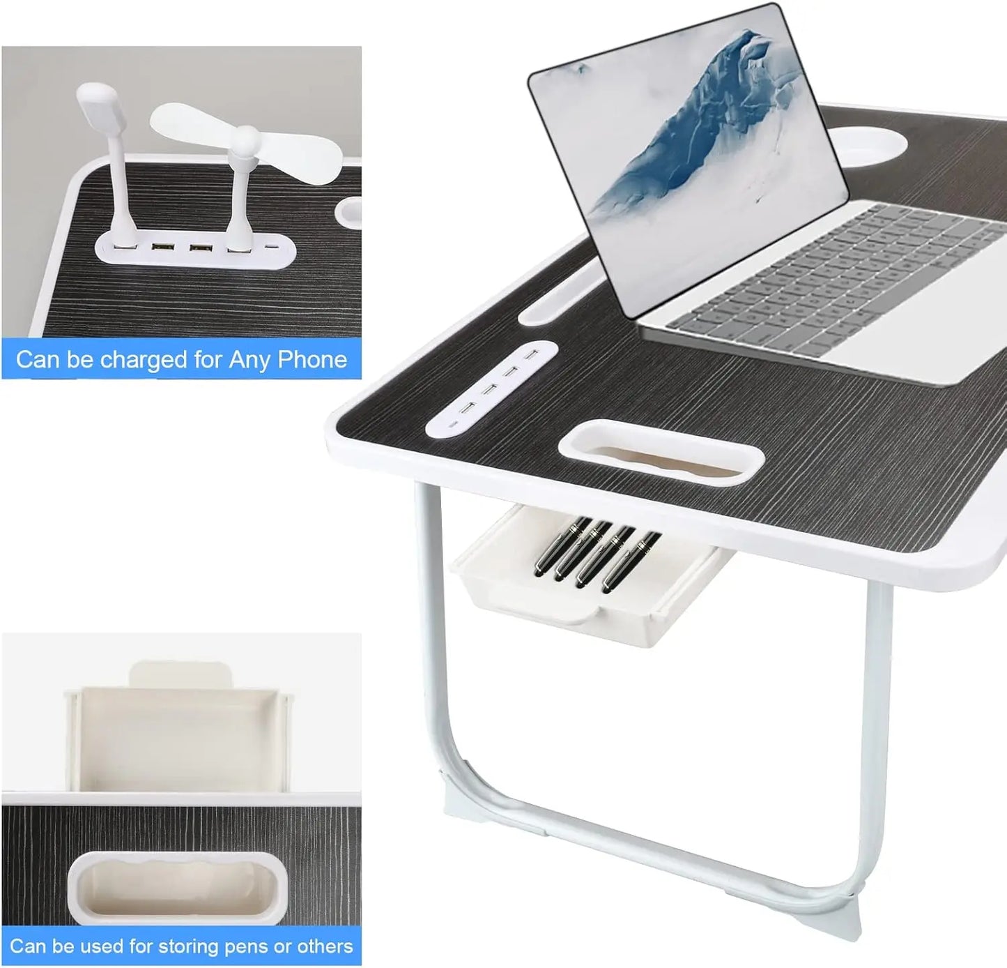 Foldable Laptop Bed Desk with USB Ports, Cup Holder & Drawer – Portable Bed/Sofa Work Tray