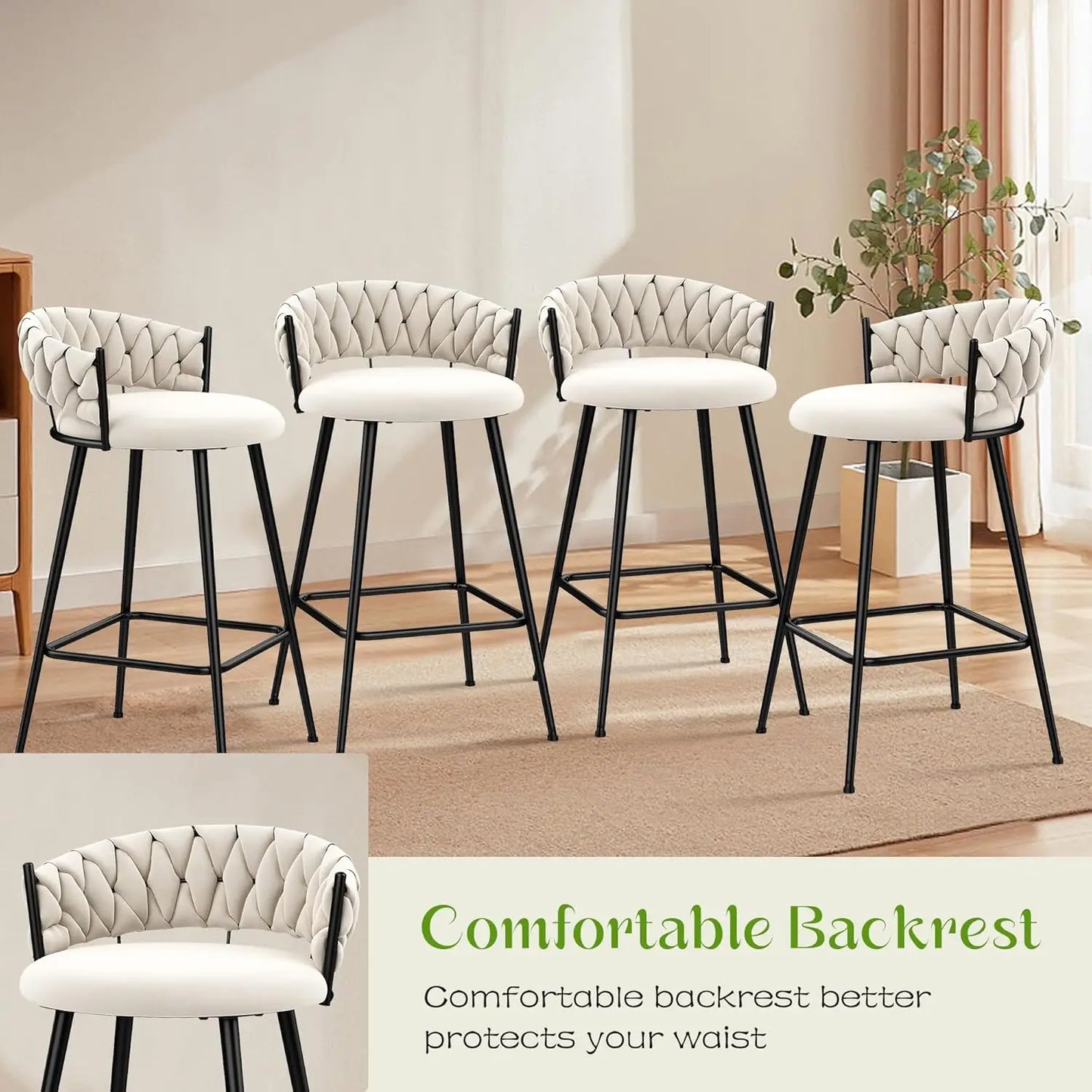 30" Metal Bar Stools (Set of 4) – Modern Counter Chairs with Woven Backrest