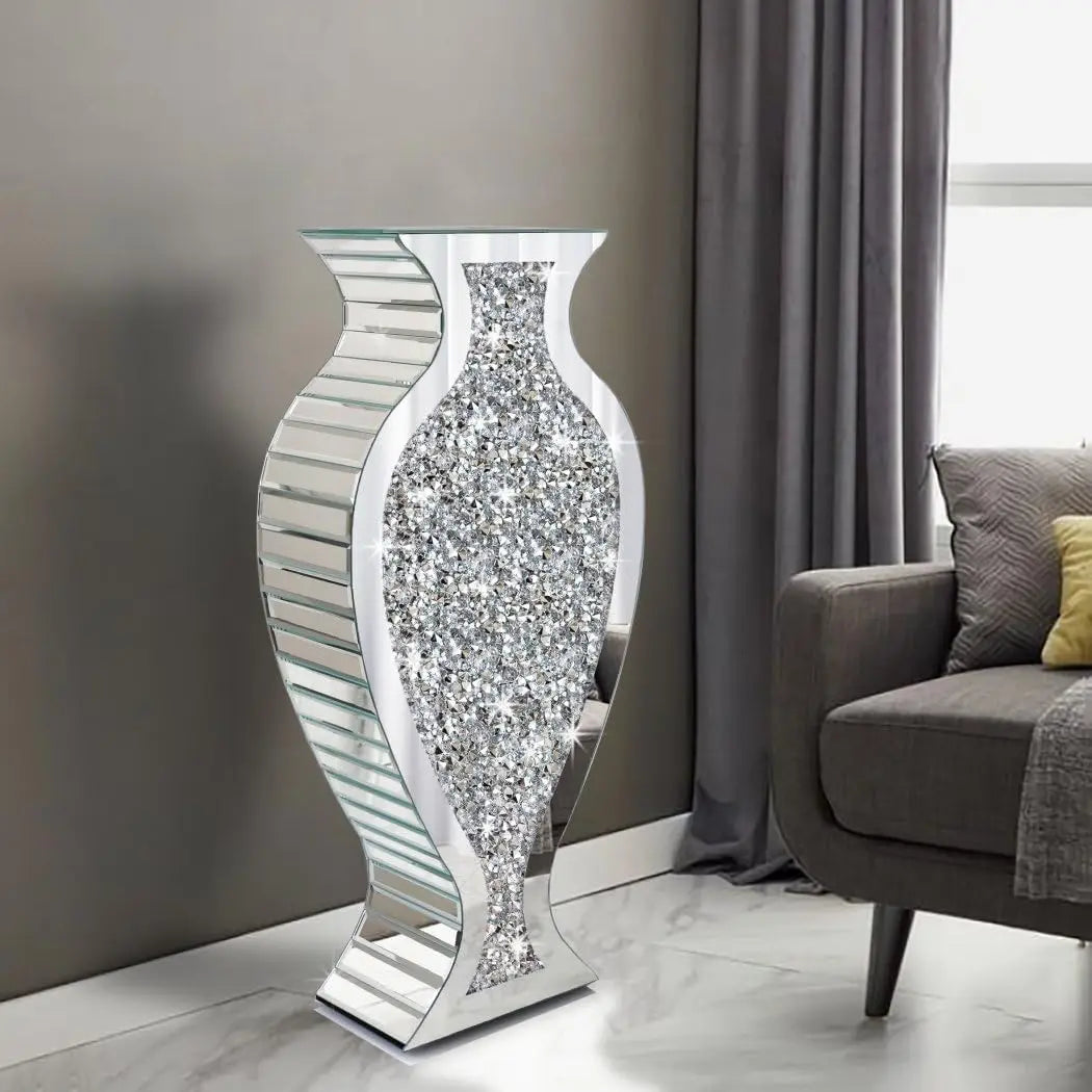 27" Crushed Diamond Mirrored Floor Vase – Tall Silver Crystal Decorative Vase for Luxury Home Décor