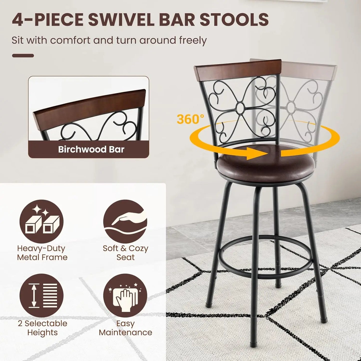 Bar Stools 24 to 30 Inch Adjustable Seat Height, Swivel Set of 4, Cushioned Seat