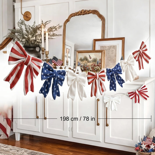 Independence Day Patriotic Bow Garland with Star and Stripe Pattern Decorative Hanging Bows for Party Decor
