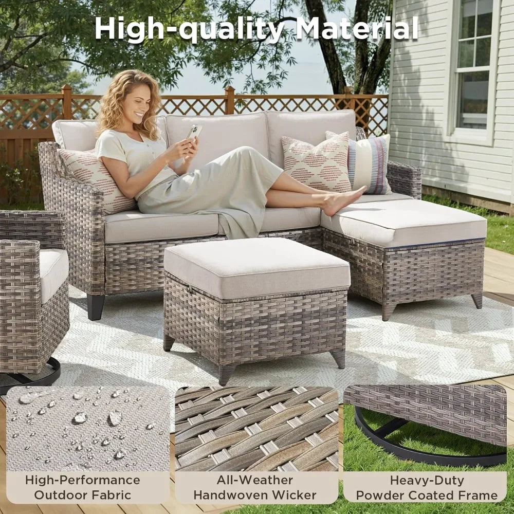 5 Pieces Outdoor Furniture-High Back Wicker Chairs Set of 2 with Comfy Cushions, Ottomans