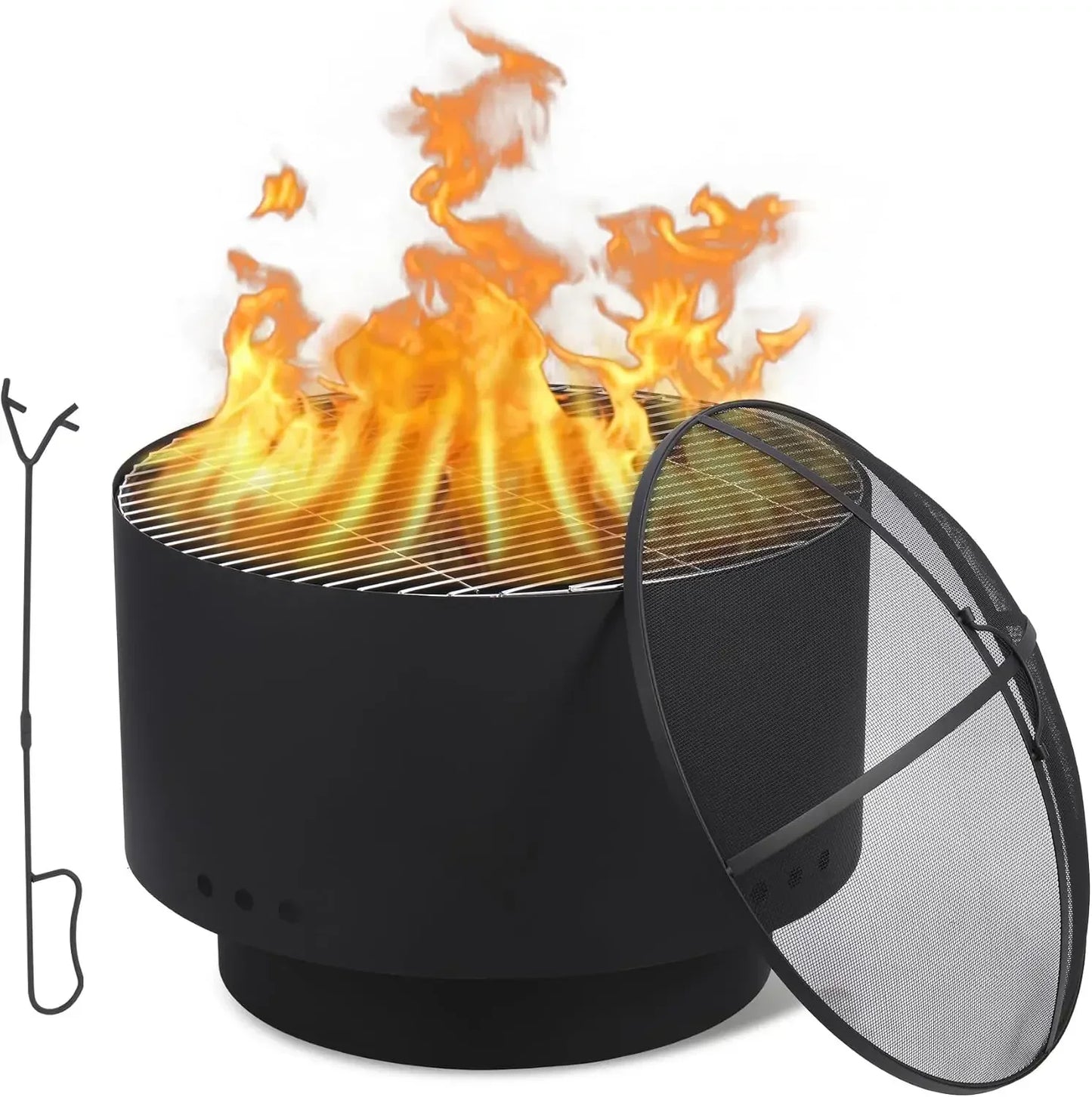 26" Smokeless Outdoor Fire Pit – Wood‑Burning Fire Bowl with Mesh Lid, Cooking Grate & Portable Folding Legs