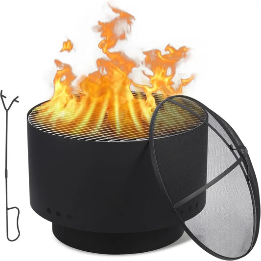 26" Smokeless Outdoor Fire Pit – Wood‑Burning Fire Bowl with Mesh Lid, Cooking Grate & Portable Folding Legs
