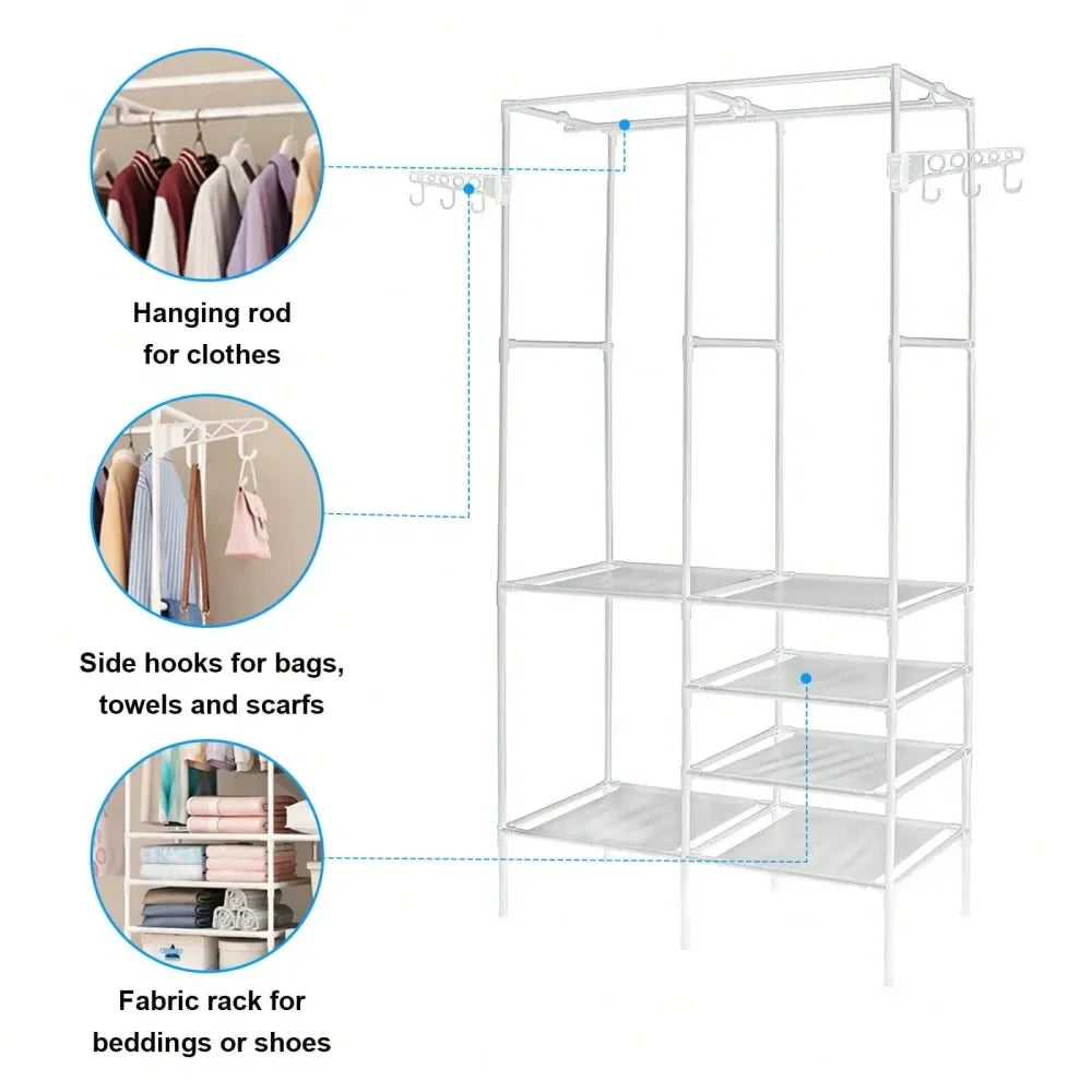 Clothes Rack With 3 Hanging Rods, 63 Inch Extra Large Capacity Wardrobe Closet, MultiLayer Shelves