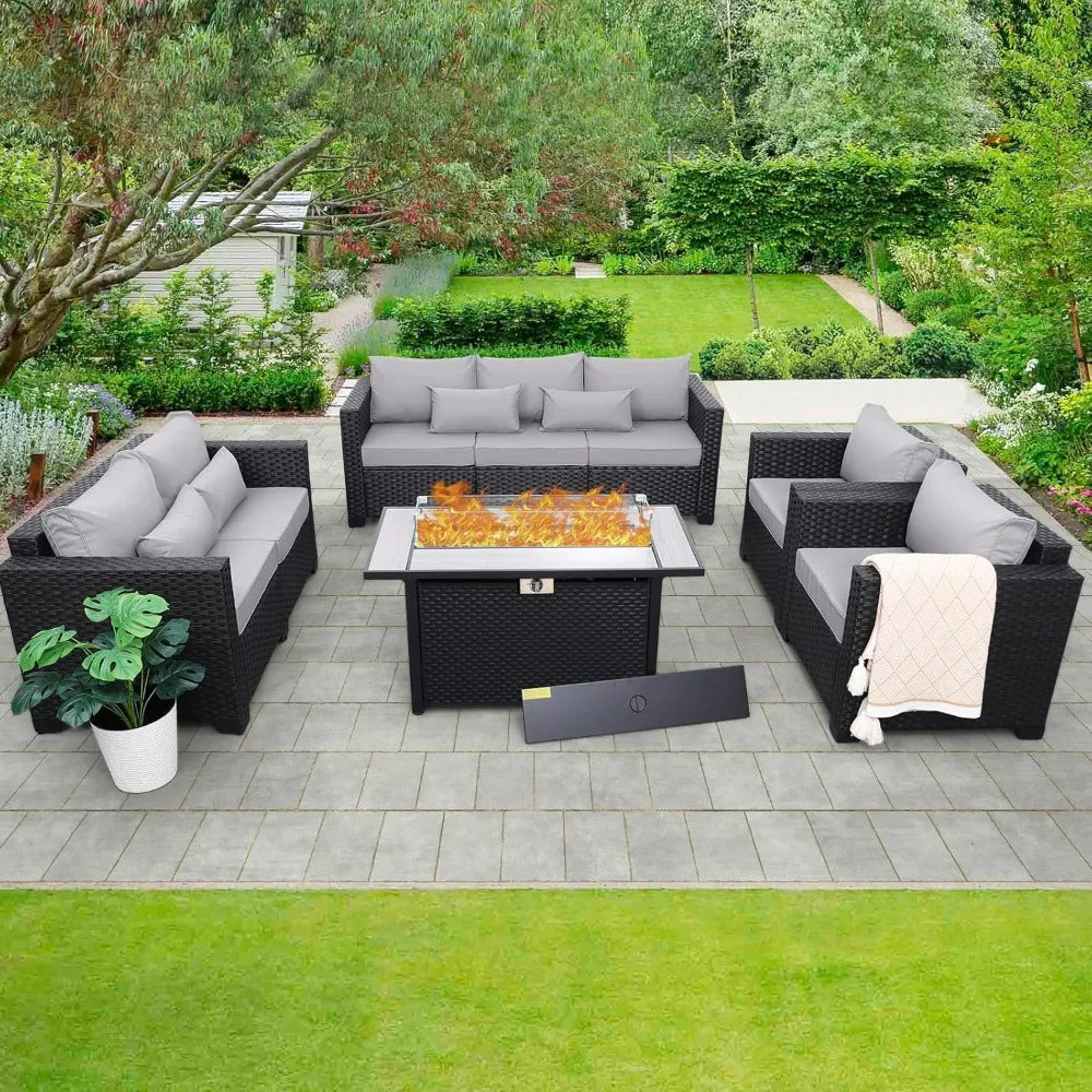 Patio Furniture Set with 45" Fire Pit, Patio Couch, Outdoor Chairs, 60000 BTU