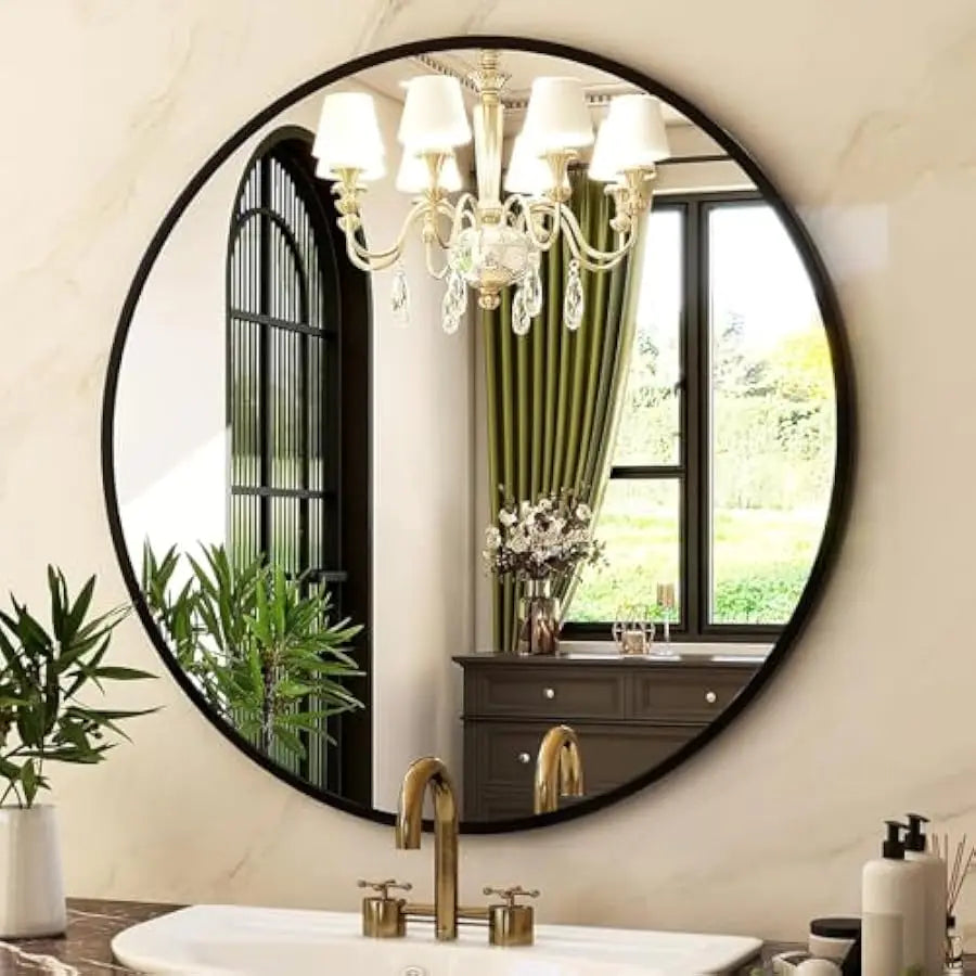 Modern Round Wall Mirror – Matte Black Aluminum Frame (30")