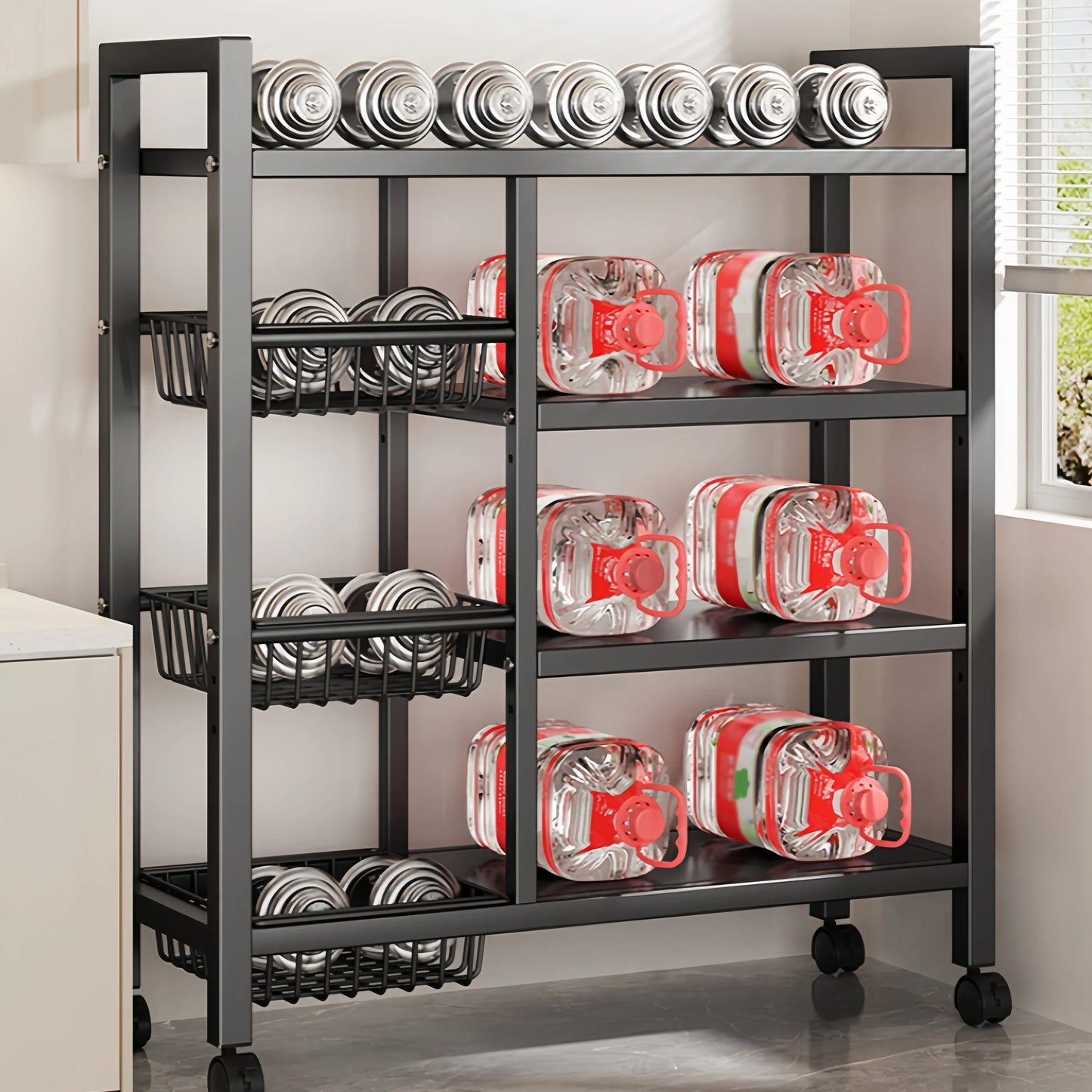 4‑Tier Removable Cabinet Storage Rack – Black Metal Vegetable & Fruit Organizer