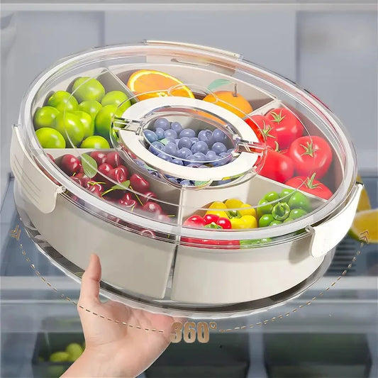 Multi Compartment Round tray with  Clear Lid and Handle and Dividers, Rotating Serving Tray