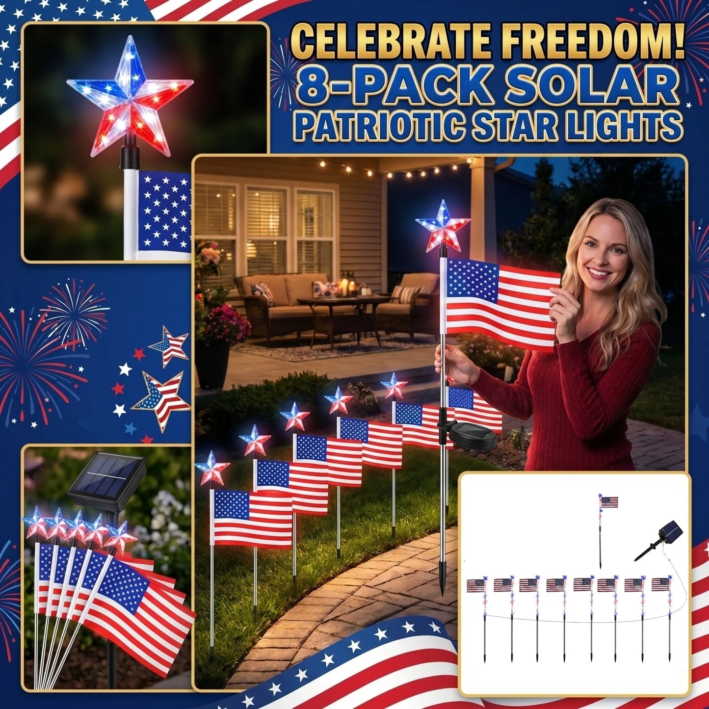 Solar Powered American Flag LED Pathway Lights - Waterproof