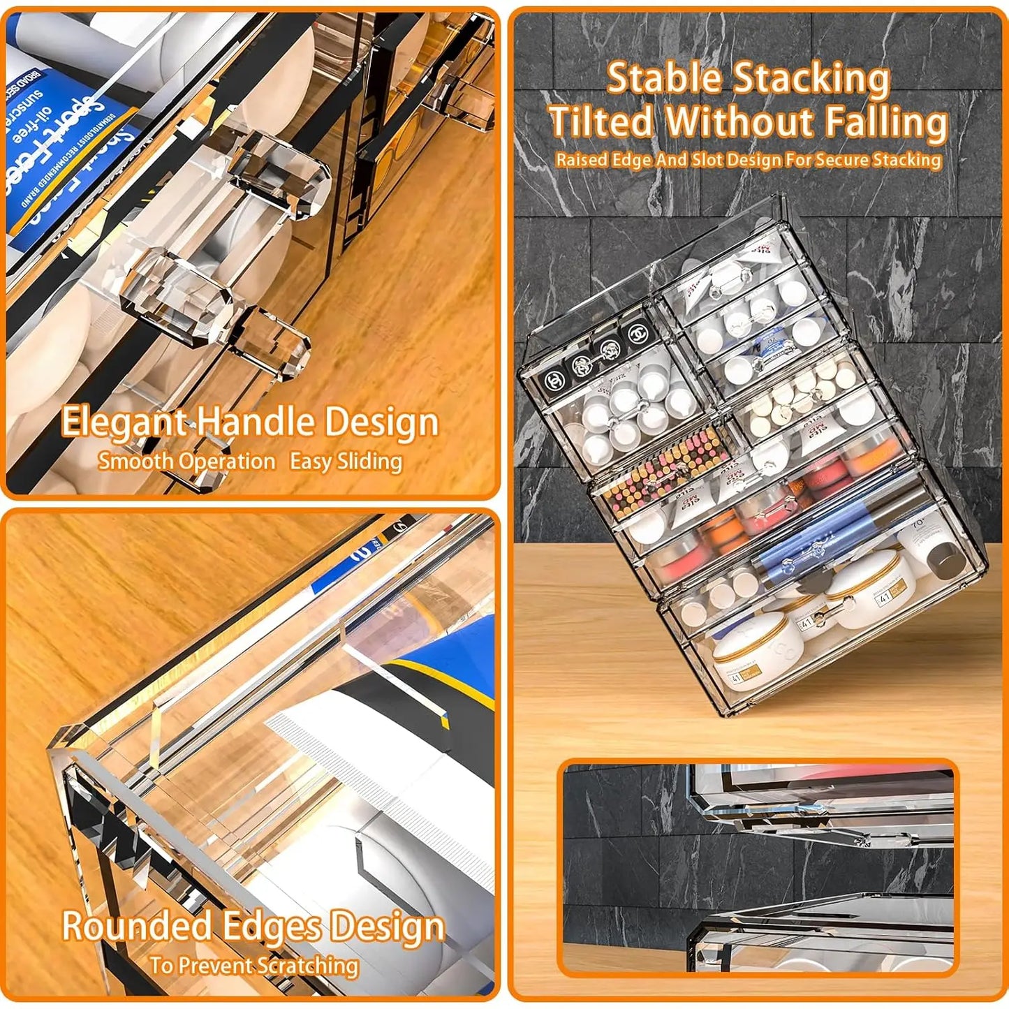 8-Drawer Clear Acrylic Makeup Organizer with Stackable Design
