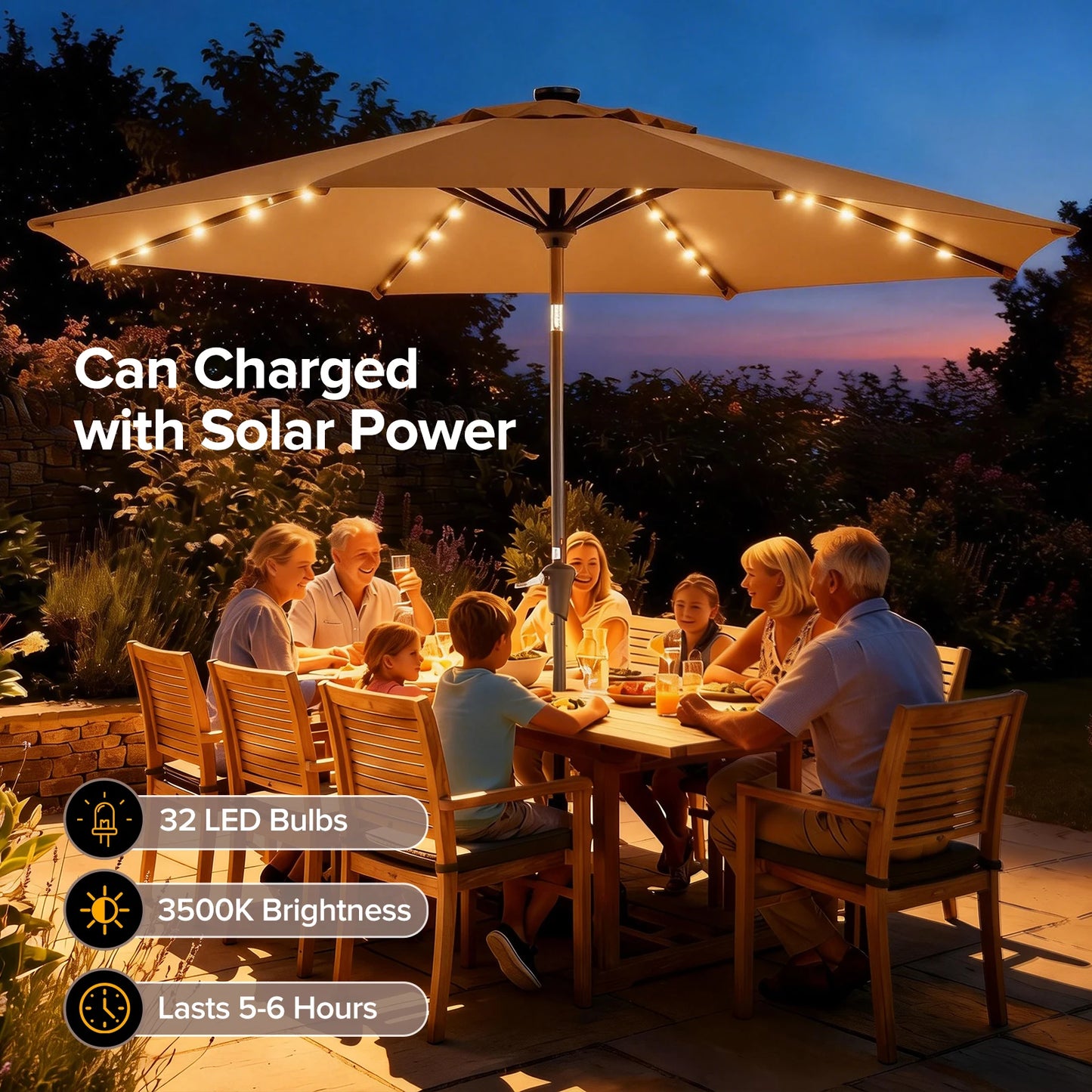 10FT with 32 LED Lights Solar Patio Umbrella UV-Resistant Outdoor Table Umbrella with Tilt and Crank for Outdoor Backyard Garden