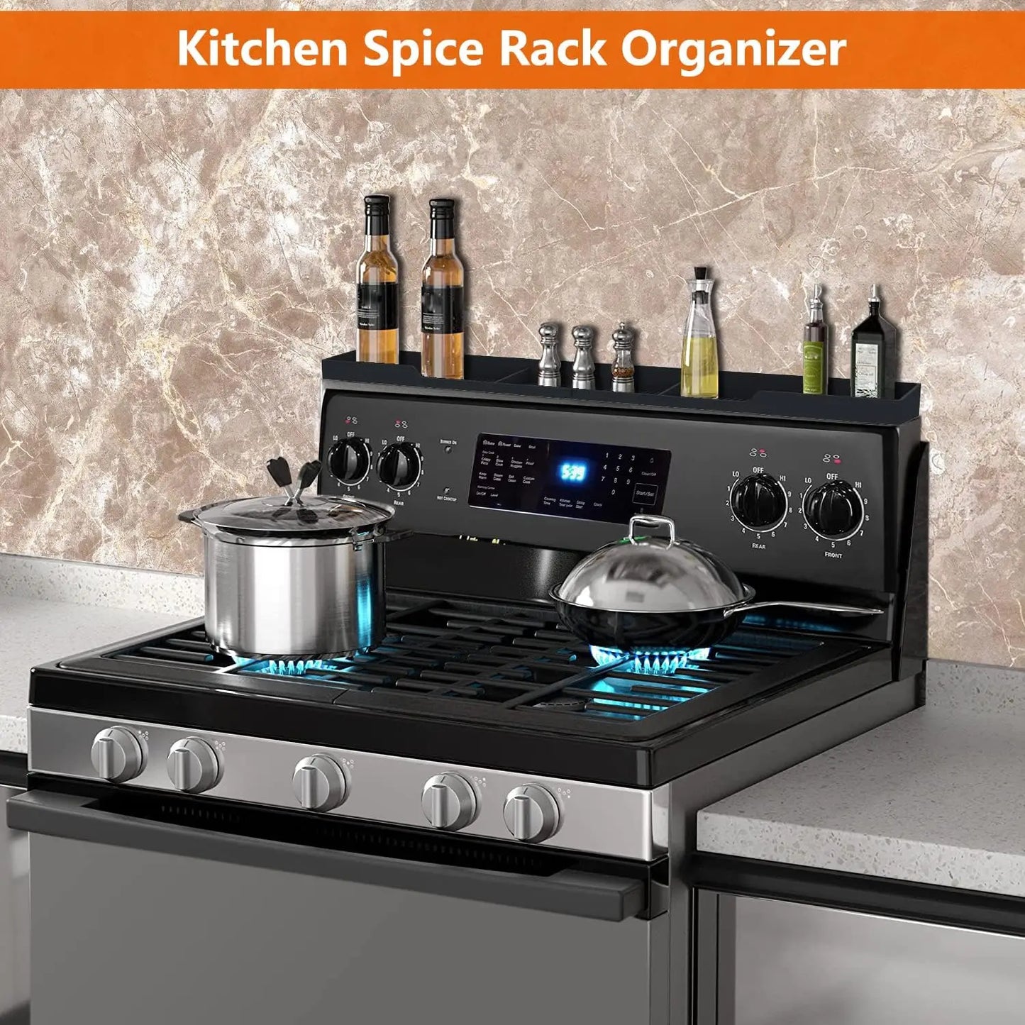 Magnetic Stove Top Shelf with 3 Partitions, Silicone Material for Kitchen Spice Rack Organizer in Black