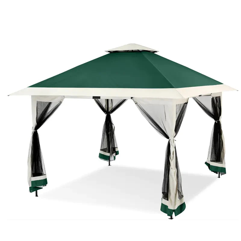 13×13 FT Outdoor Folding Gazebo – 4‑Sided Mosquito‑Net Shed with Cantilevered Eaves & Roll‑Up Canopy Awning