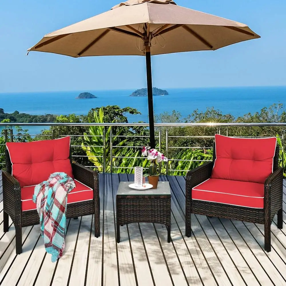 3‑Piece Outdoor Patio Furniture Set – Wicker Chairs with Glass‑Top Coffee Table & Thick Cushions
