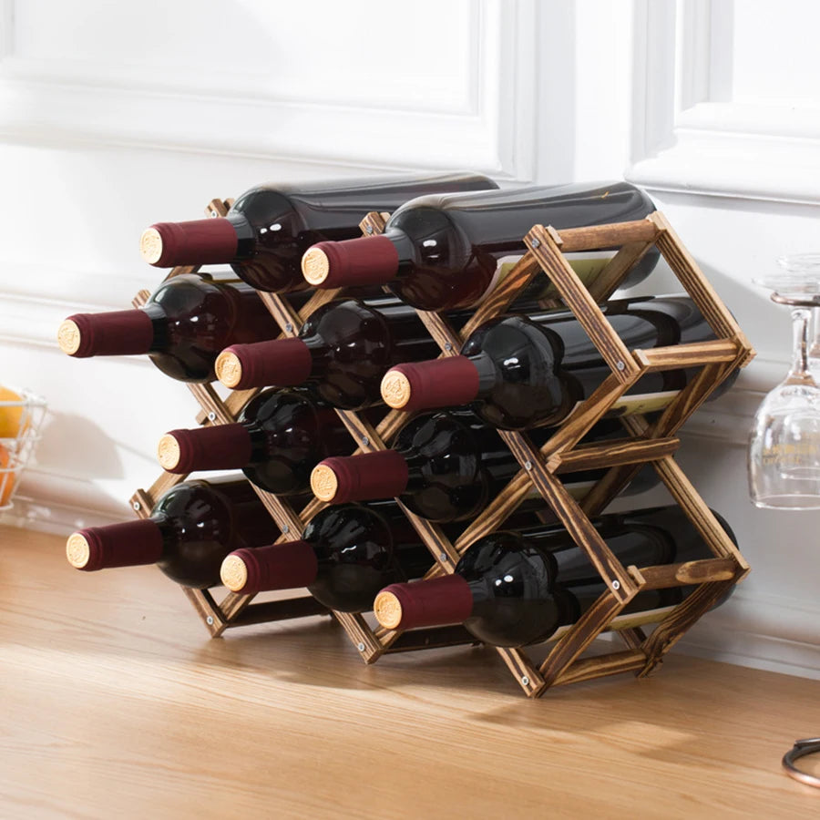 Wine Storage Rack Countertop 10 Bottles Foldable Free Standing Wood