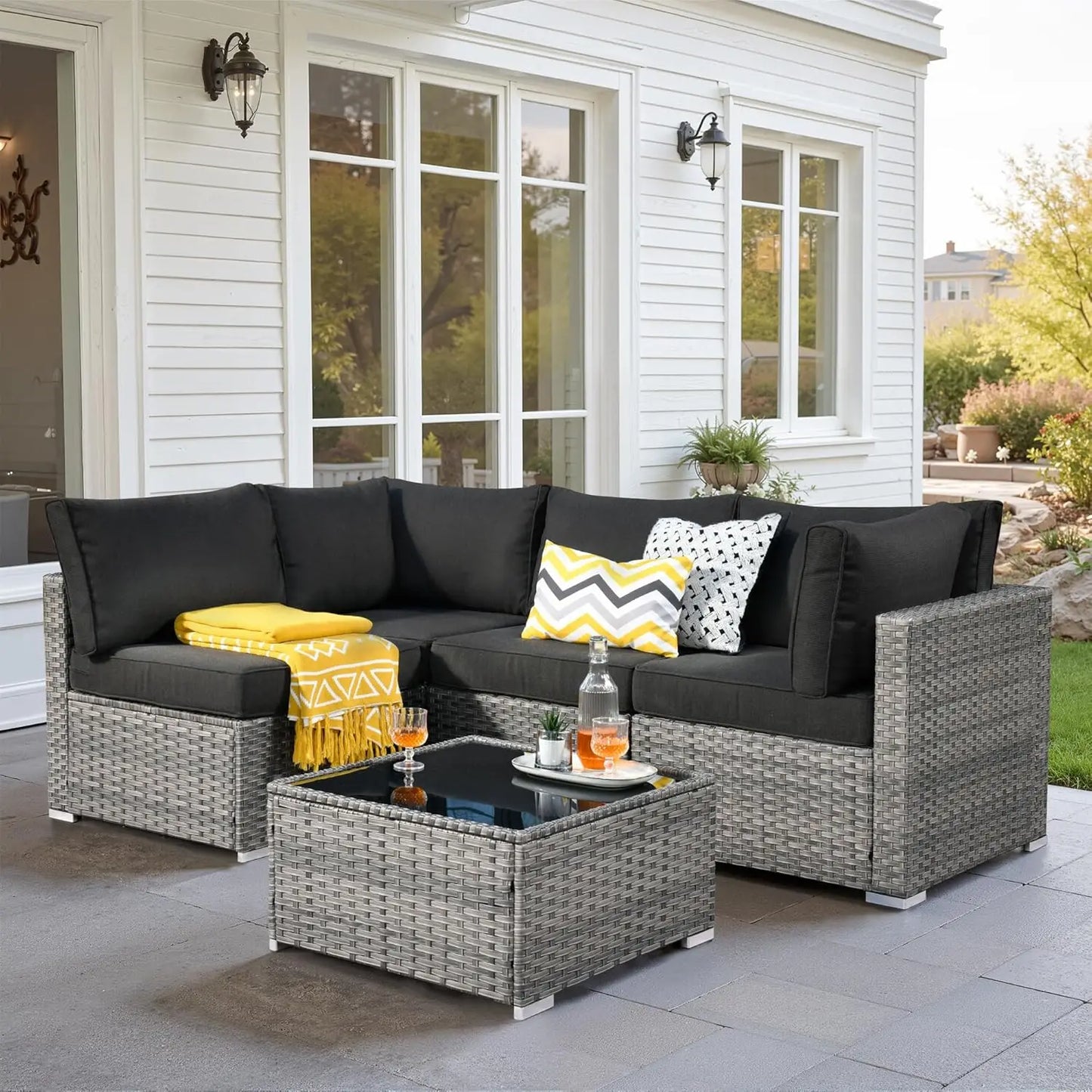 5 PCS Outdoor Patio Furniture Sets, Wicker - Weather Resistant