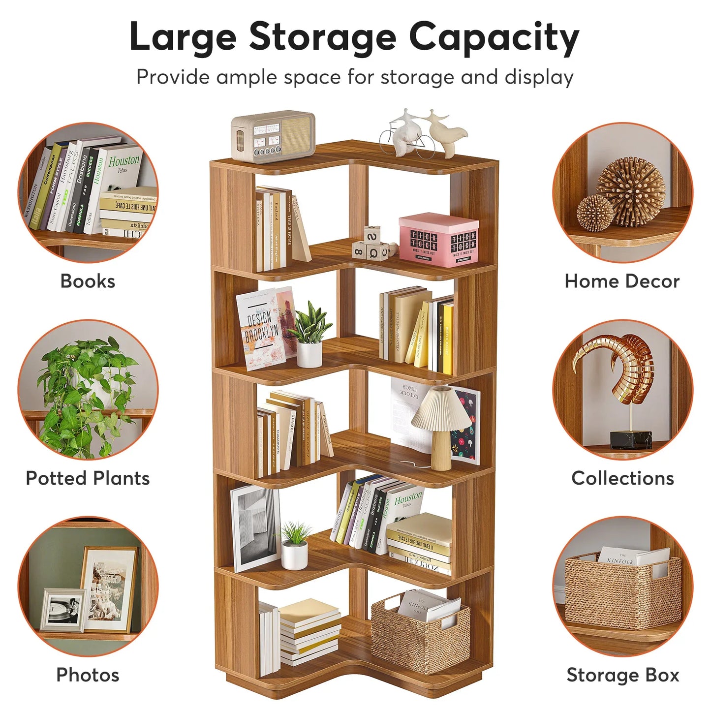 65" Tall Industrial Corner Bookshelf | 6-Tier Storage Bookcase with Anti-Drop Panels