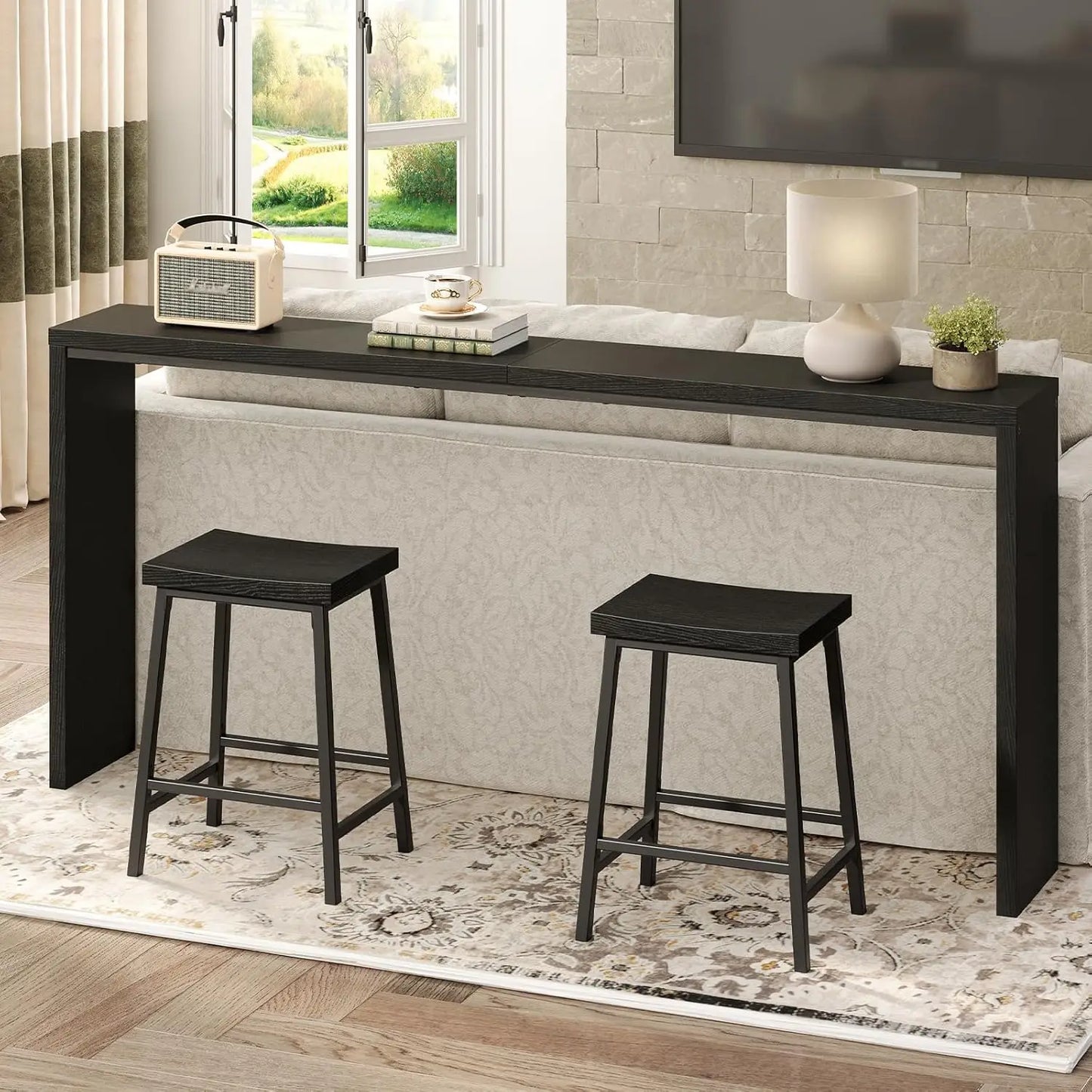 Black Bar Stools Set of 2 with Footrest, 23.7 Inch Counter Height