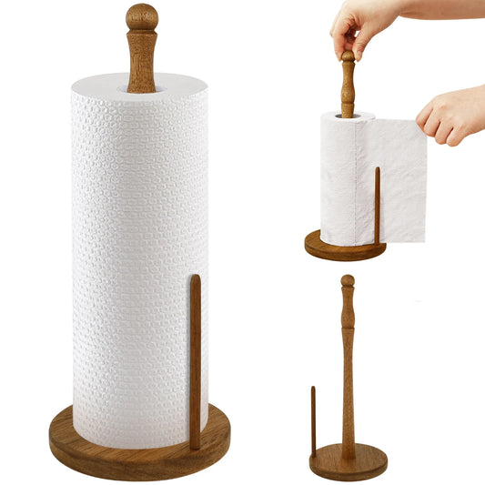 Vertical Wooden Paper Towel Holder – Countertop Roll Organizer with Anti-Skid Base for Kitchen Storage