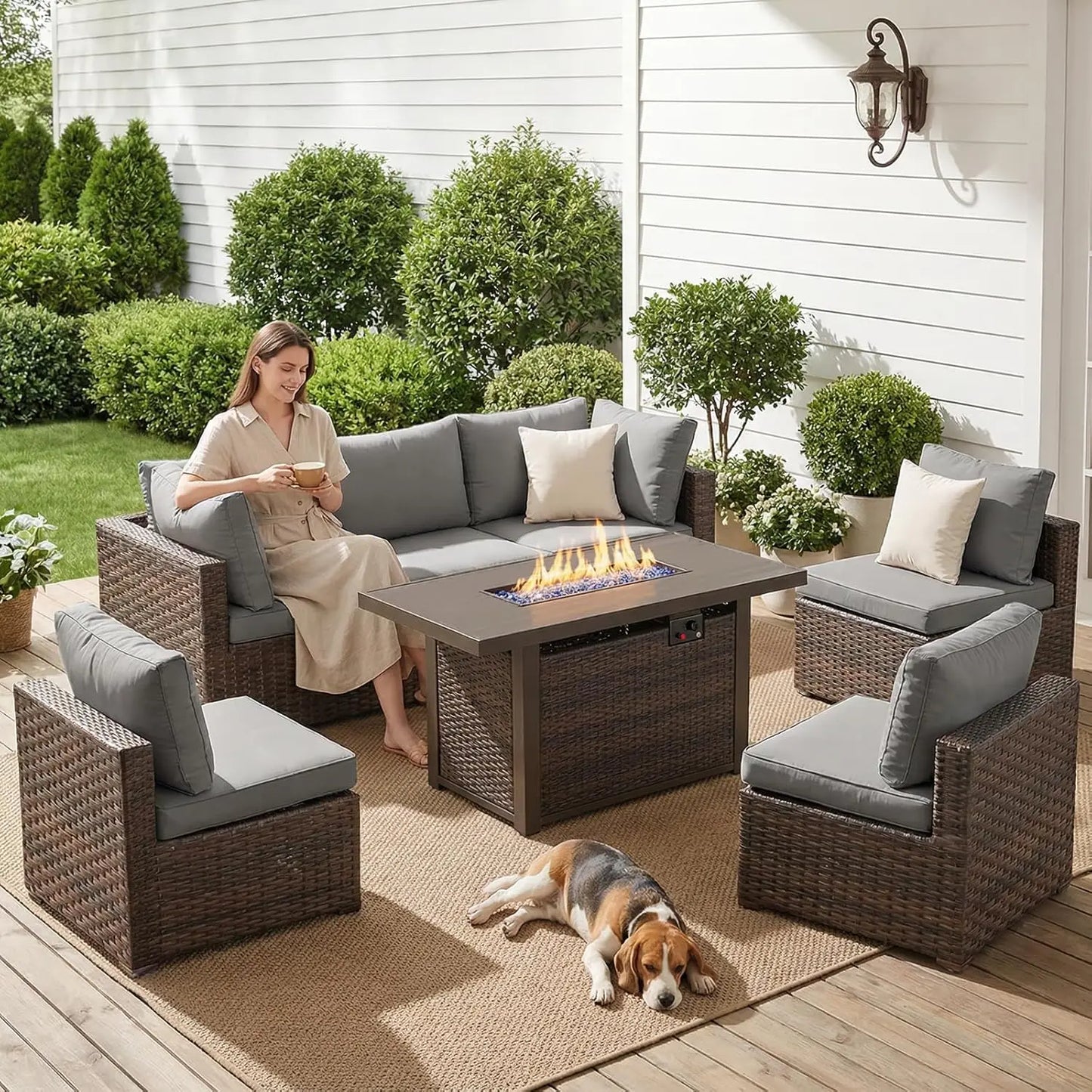 7-Pieces Patio Furniture Sets Outdoor Sectional Sofa with 44'' Propane Rattan Wicker Firepit Table