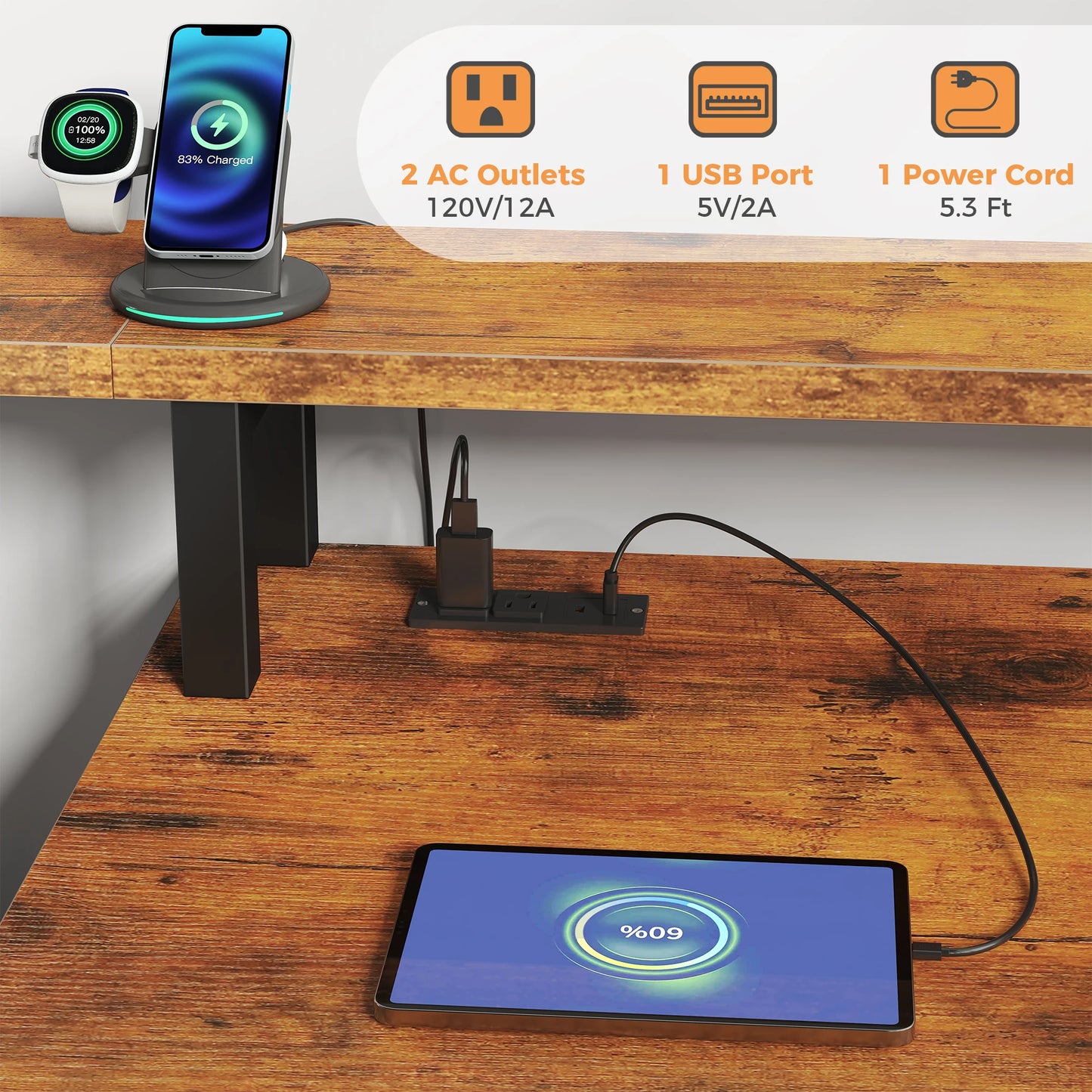 67" Gaming Computer Desk with 5 Drawers – Wood Office Desk with LED Lights & Built‑In Power Outlets