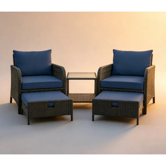 5‑Piece PE Wicker Patio Conversation Set – Lounge Chairs with Cushions, Ottoman & Side Table