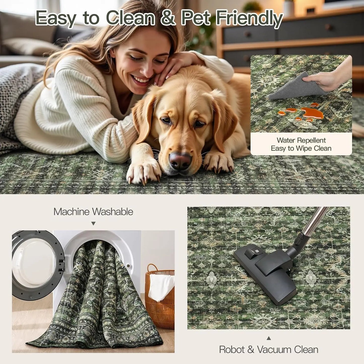 8x10' Washable Area Rug with Non-Slip Backing