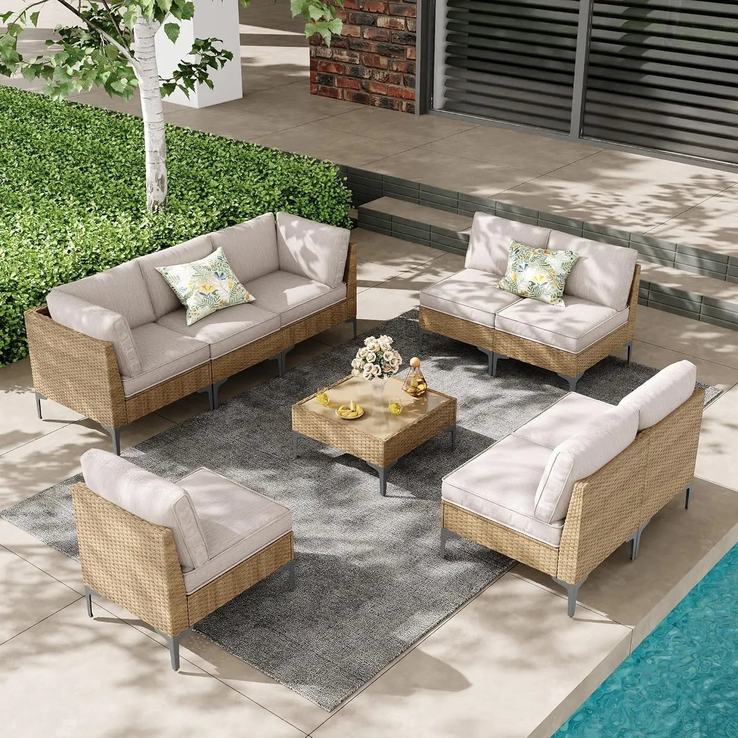 9-Piece Outdoor Patio Furniture Set, All-Weather Wicker Sectional Sofa with Coffee Table & Thick Anti-Slip Cushions